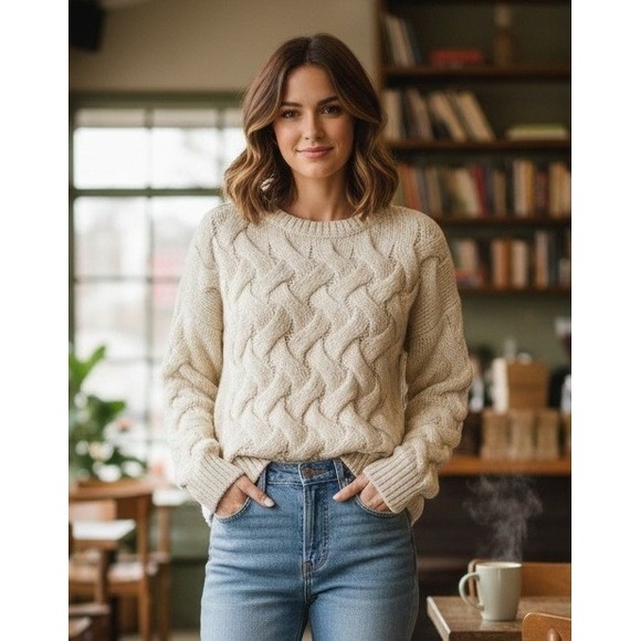Vintage Women's Sweater Acrylic Soft Cozy‎ Cable Knit Beige Crew Neck Winter XL?